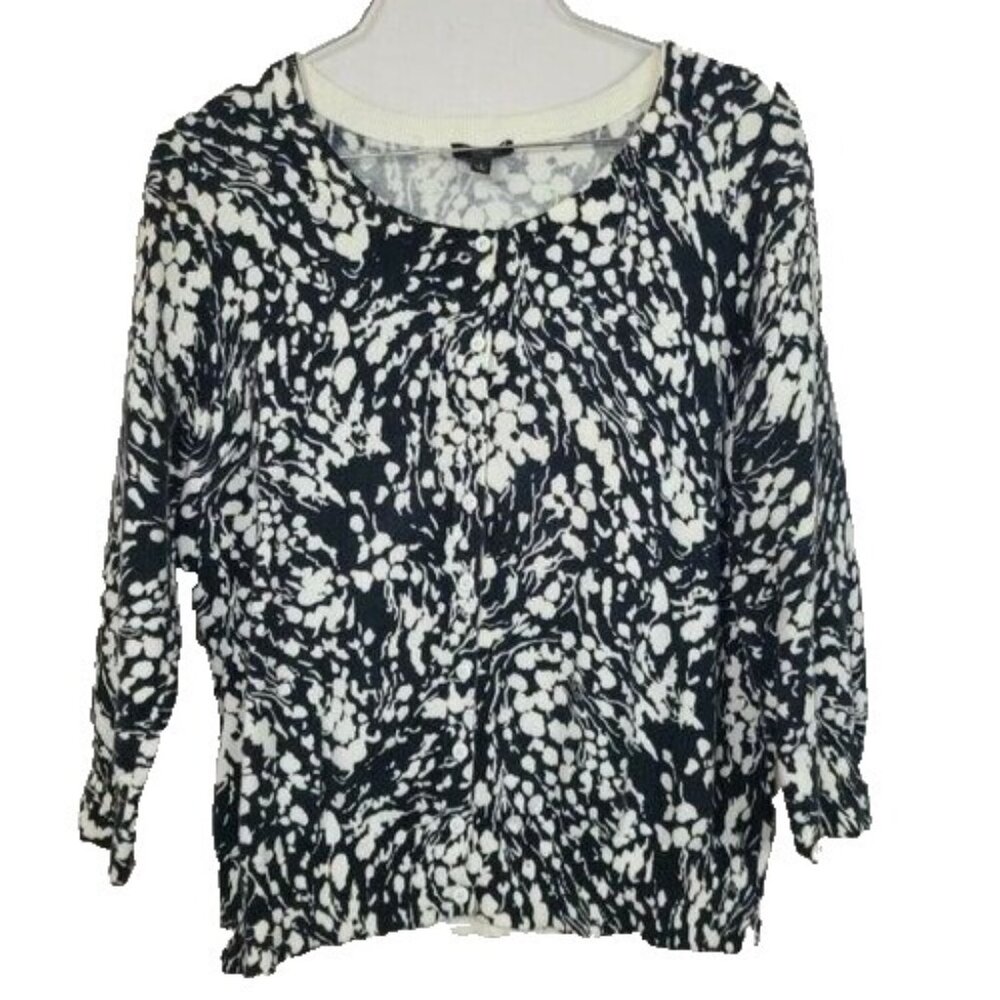 Talbots Womens Button Front Cardigan Small Black White Floral 3/4 Sleeve‎ Preppy